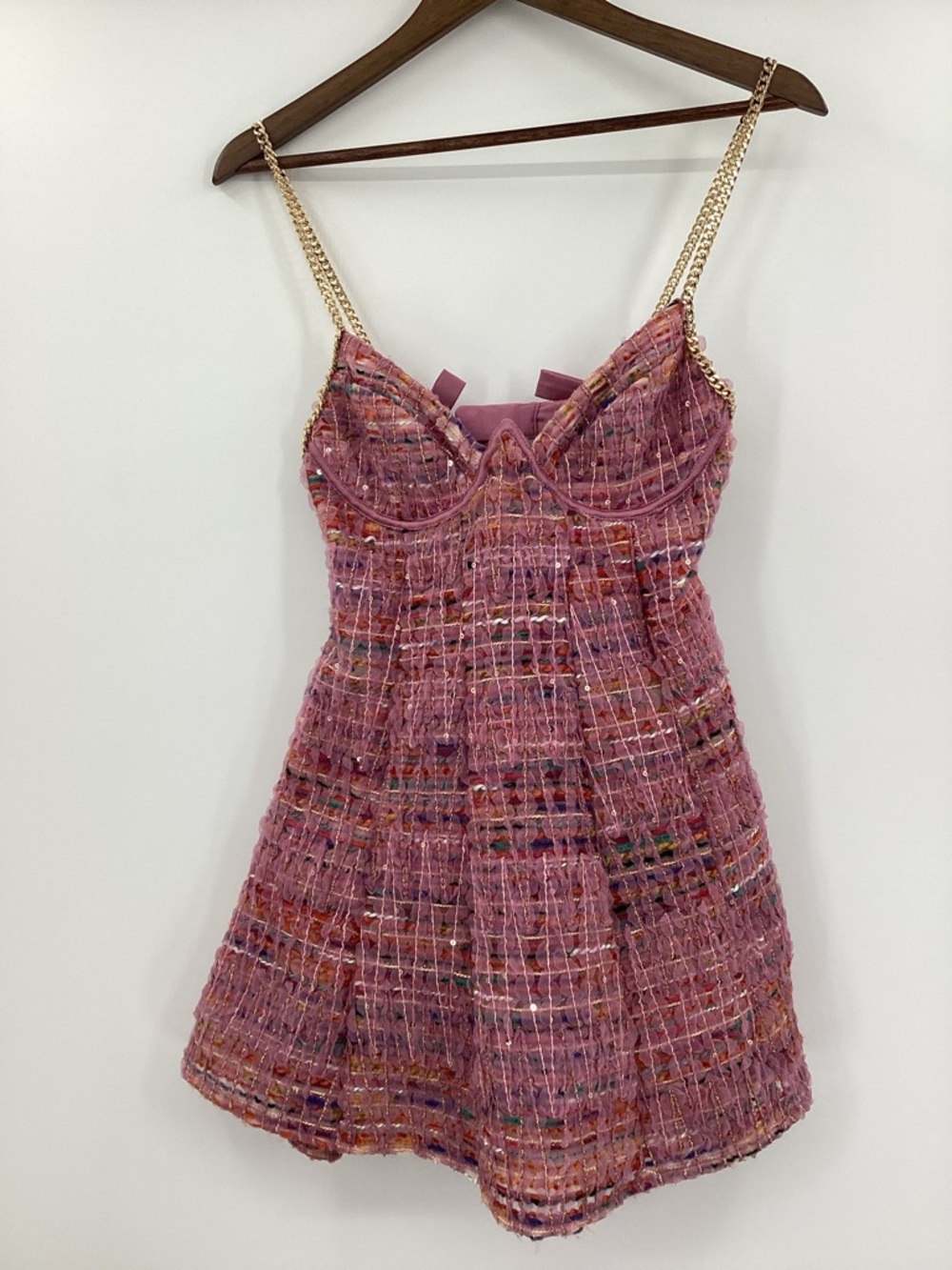 For Love & Lemons Celine Pink Tweed Mini Dress with Gold Chain Straps - Picture 2 of 14